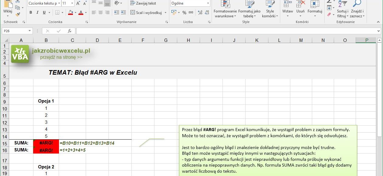 Błąd #ARG! w Excelu - Screen