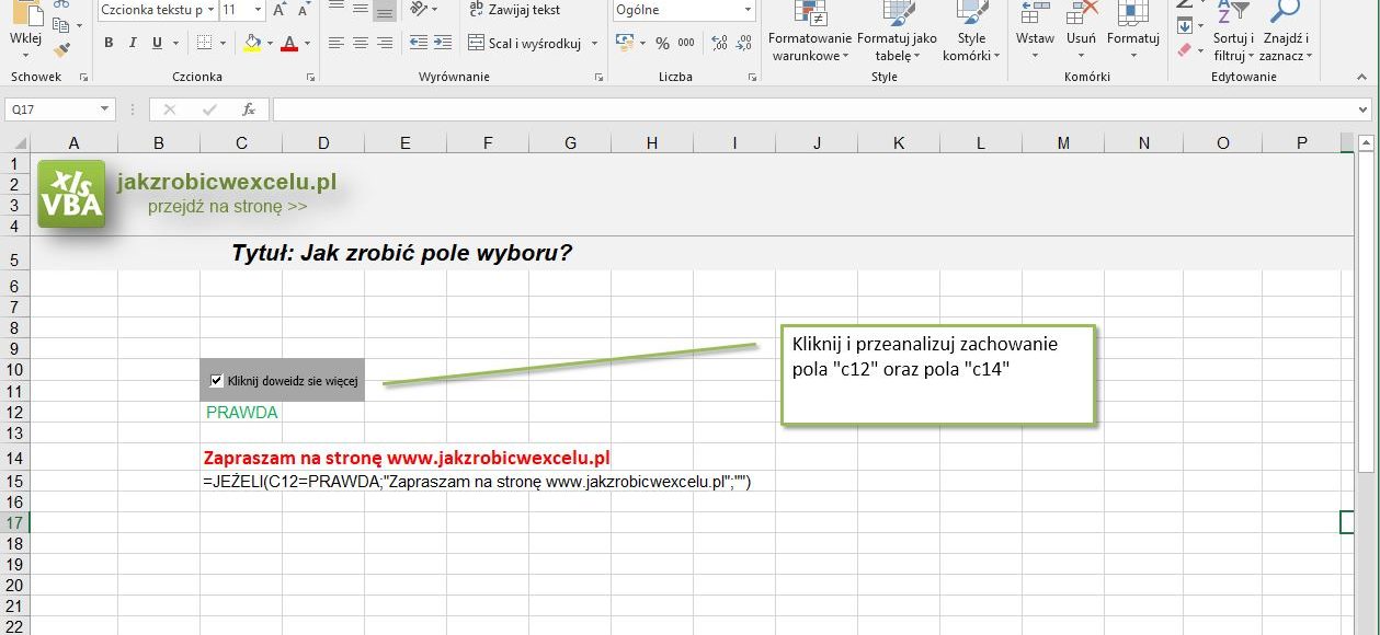 checkbox pole wyboru excel