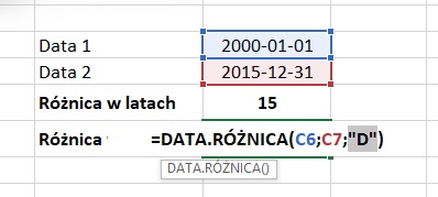 Excel - DATA.RÓŻNICA - obliczenia dni