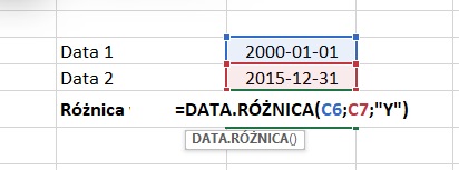 Excel - DATA.RÓŻNICA obliczenia lat