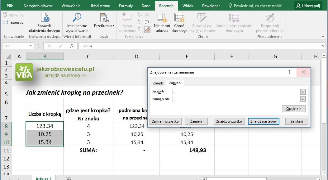 Zmiana kropki na przecinek w Excelu