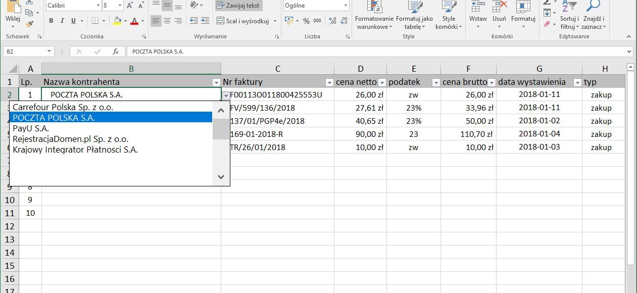 Lista rozwijana Excel - screen