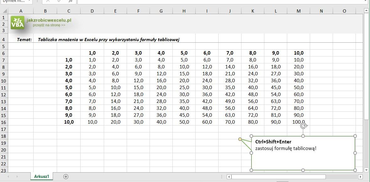 Tabliczka mnożenia w Excelu